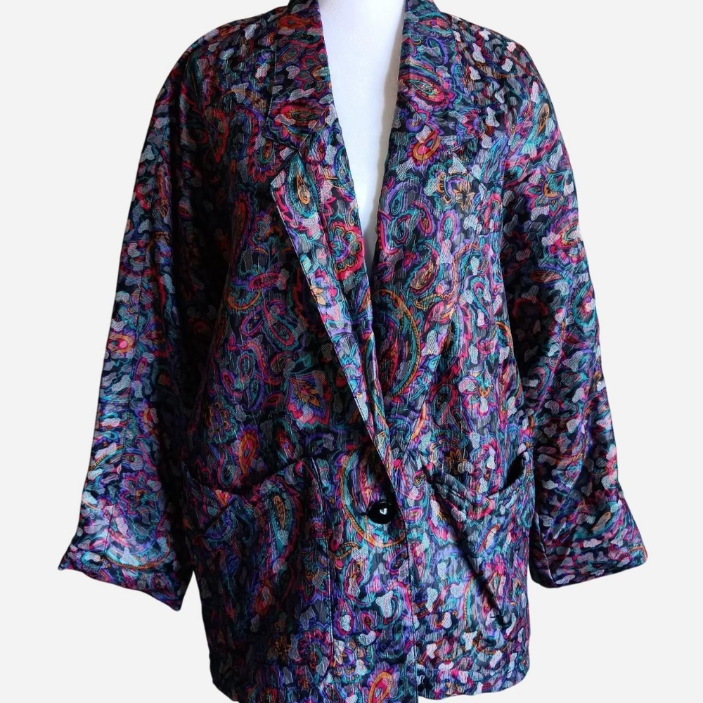 Vintage Mun Yang Multicolor Blazer Jacket, Loud Funky Busy Print Suit Coat XL+ - Picture 9 of 9